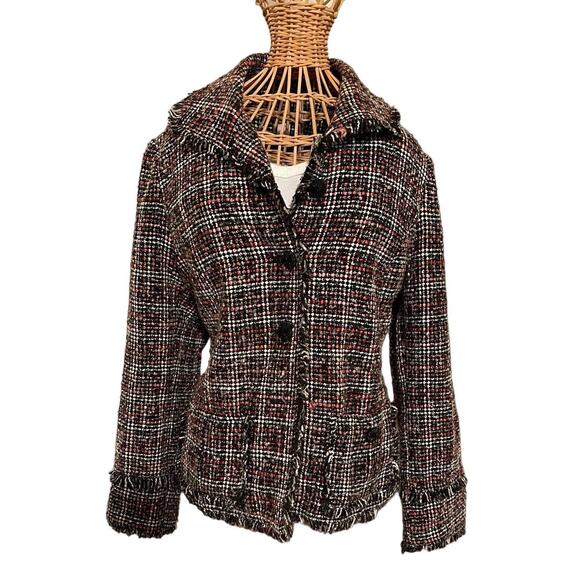 Chico's Cotton Knit Sweater Multi Plaid with Fringe Edge Open Front Jacket Sz 2 - Picture 1 of 3